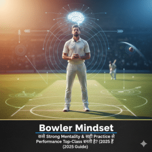 “Cricket bowler mindset illustration with mental strength, strategy visualization and performance improvement concept.”