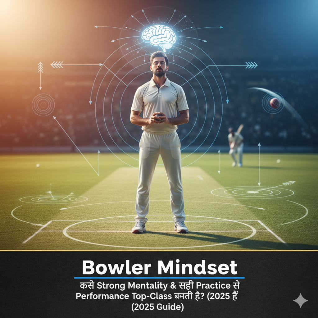 “Cricket bowler mindset illustration with mental strength, strategy visualization and performance improvement concept.”